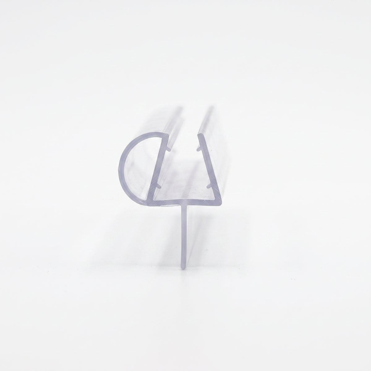 Clear seal offcut end-on on white, glass channel with a D-shaped side bubble and a drop blade