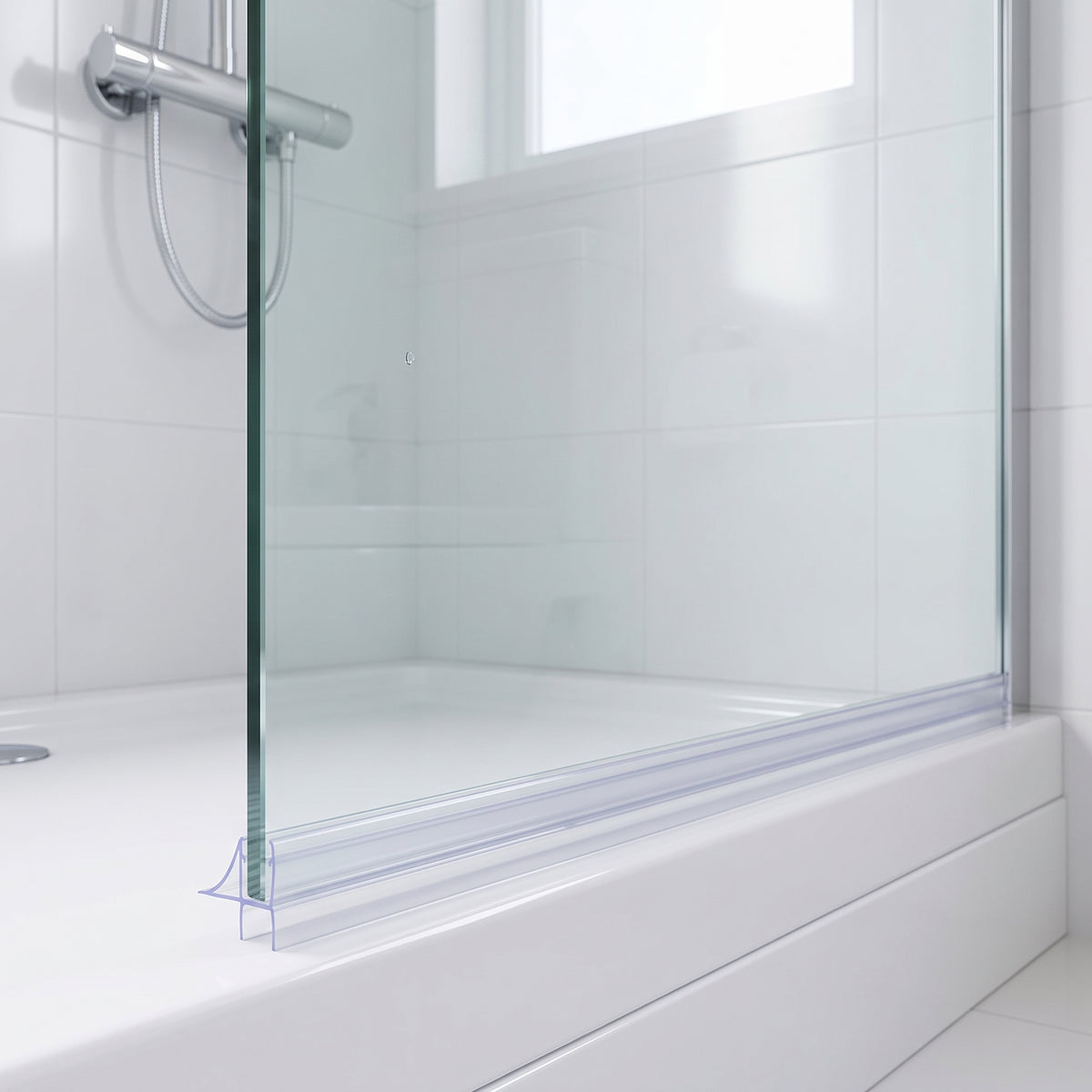 Clear seal running the width of a glass screen bottom edge on a white bath, white tiles behind