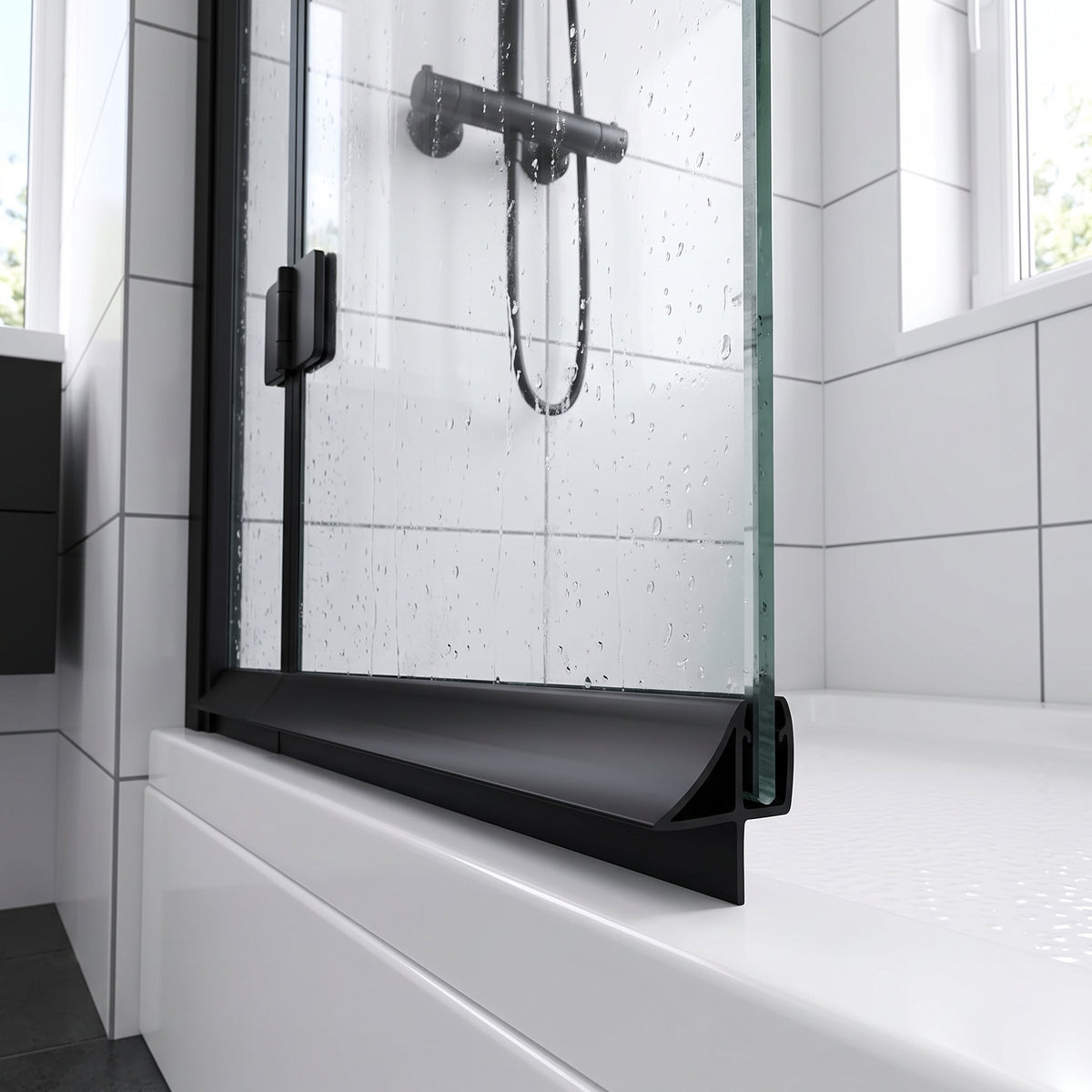 Black deflector seal along a bath screen bottom edge, wet glass and white tiles behind
