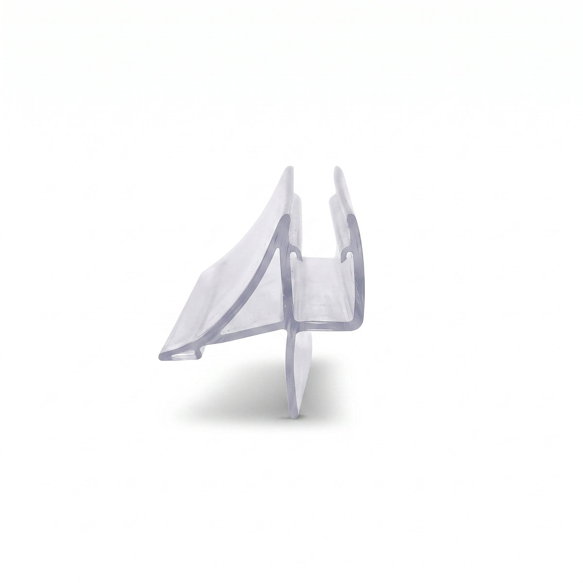 Small clear seal offcut on white, glass channel between a large triangular flick fin and a short lower fin