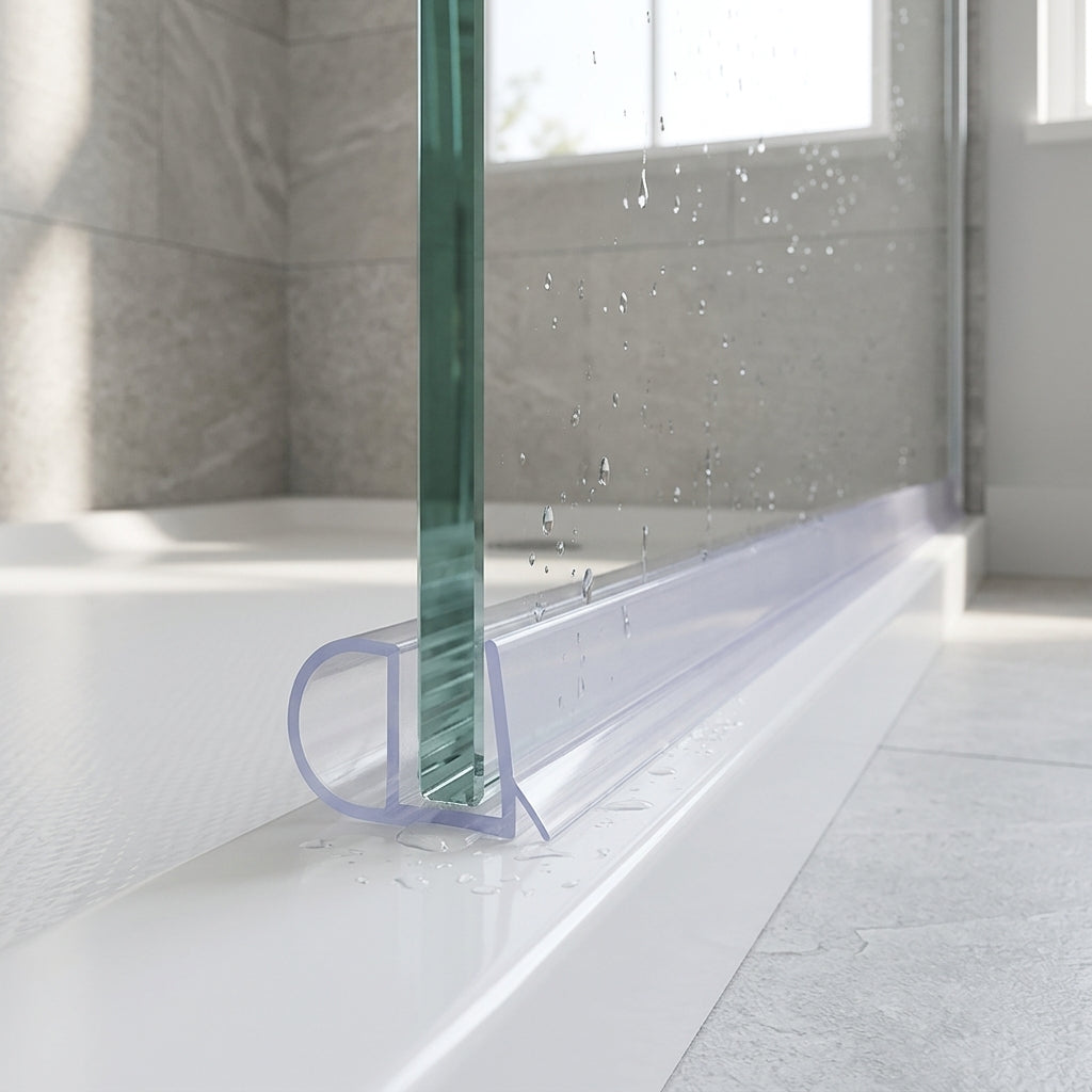 Shower screen seal installed on glass panel - Shower Screen Seal - Fits 8-10mm Glass - Lengths of 800mm, 900mm, 1400mm and 2000mm