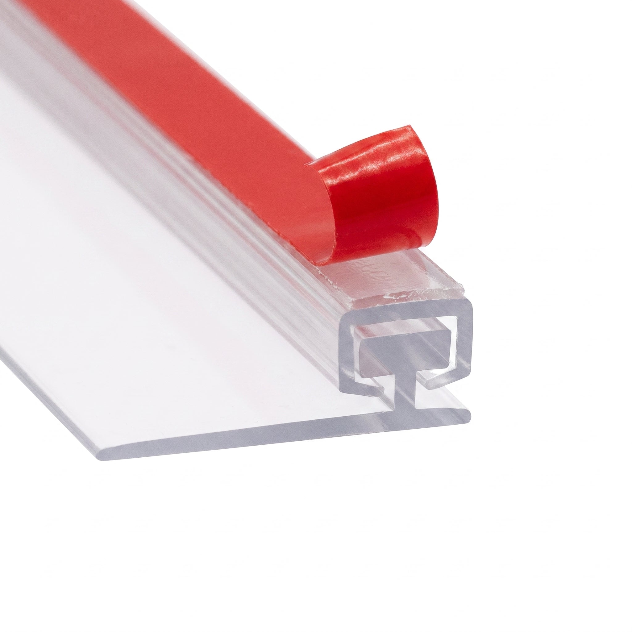 Self-adhesive shower seal carrier with red 3M VHB tape liner and slot-in T seal with 19mm wiping blade