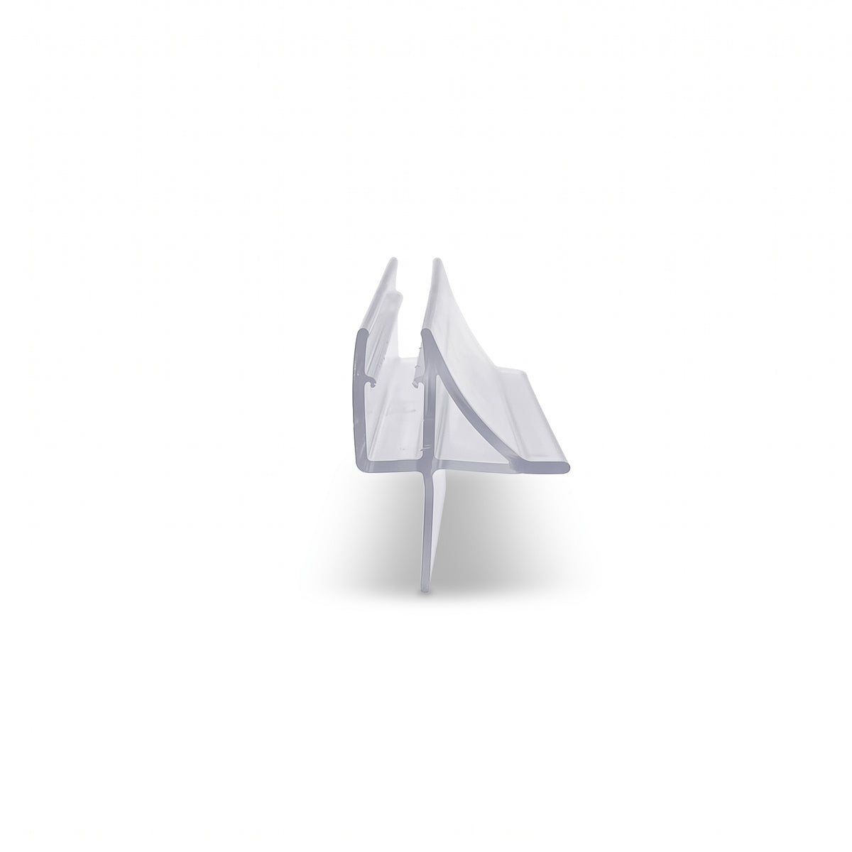 Clear seal offcut end-on on white, glass channel with a sloping wing above a straight drop fin
