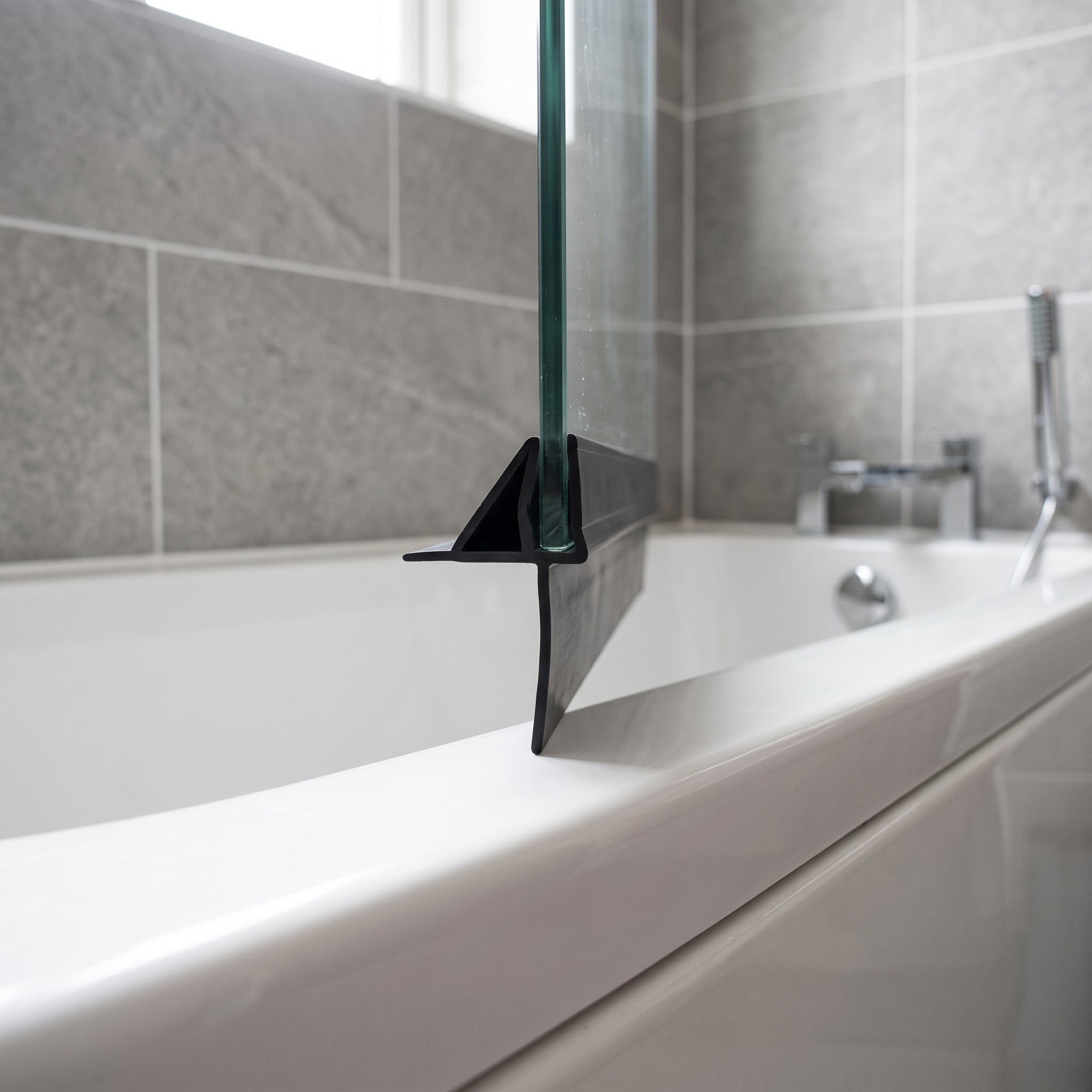 Black shower seal capping the bottom edge of 4-6mm glass, angled fin and 25mm blade closing the gap to the bath