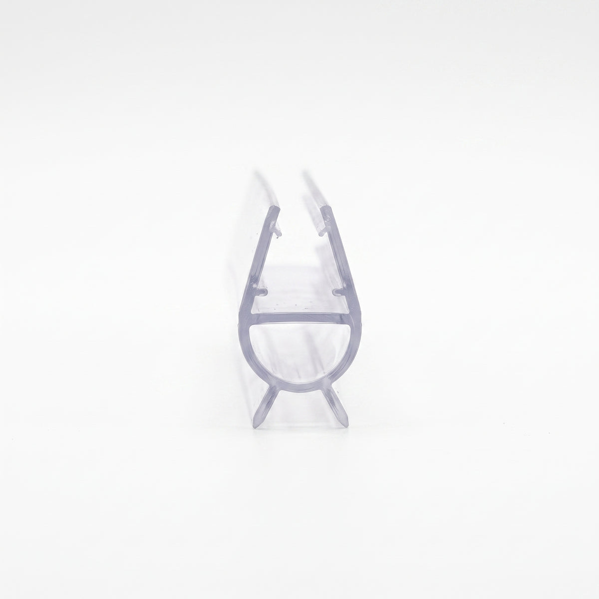 Clear seal offcut end-on on white, glass channel above a hollow bubble with two splayed legs