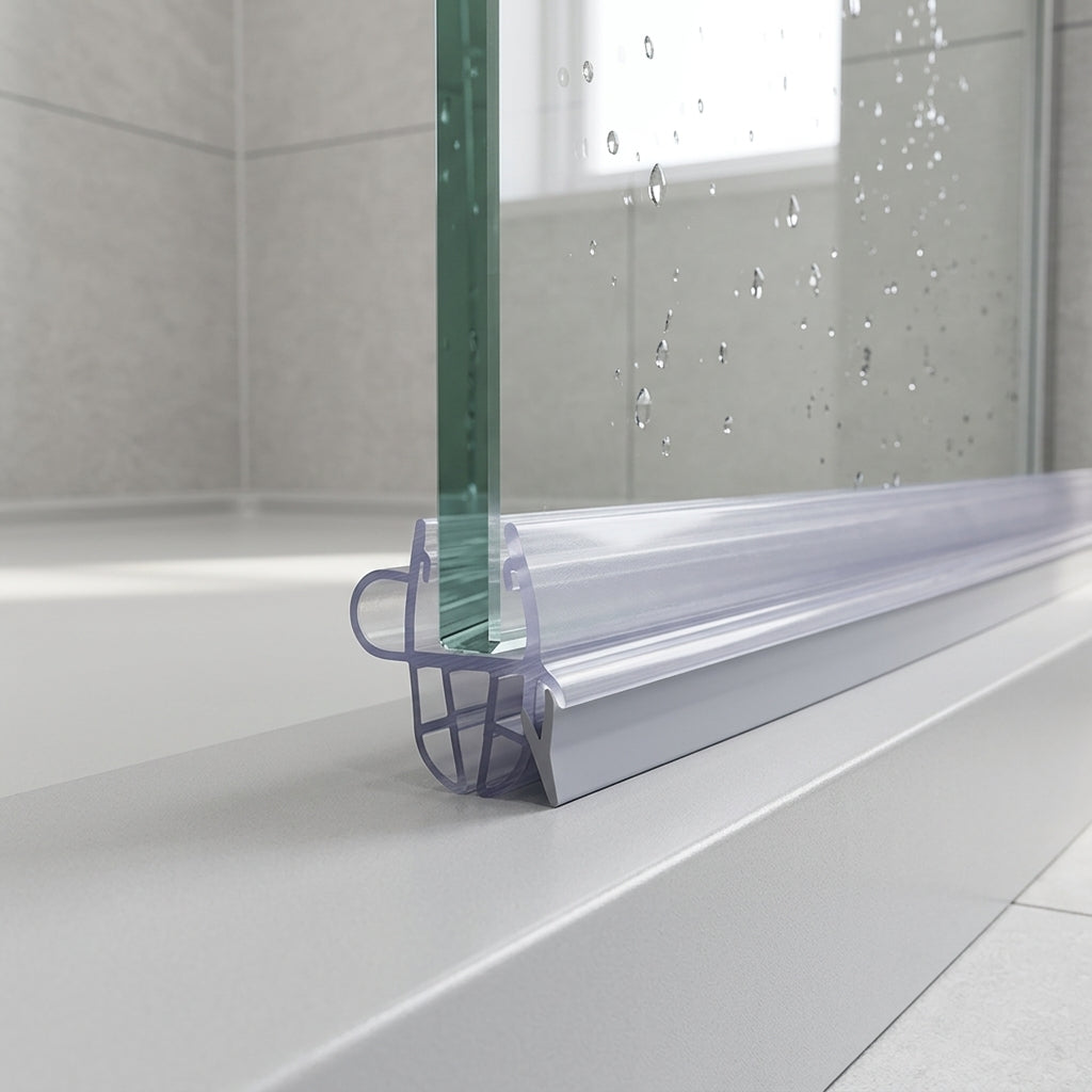 Shower screen seal installed on glass panel - Shower Screen Seal - Fits 4-6mm Glass - Lengths of 800mm, 900mm, 1400mm and 2000mm