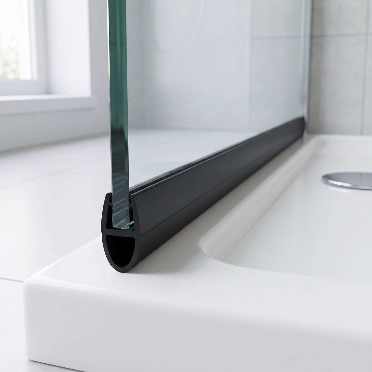 Black seal running along the foot of a glass shower screen on a white tray, chrome waste beyond