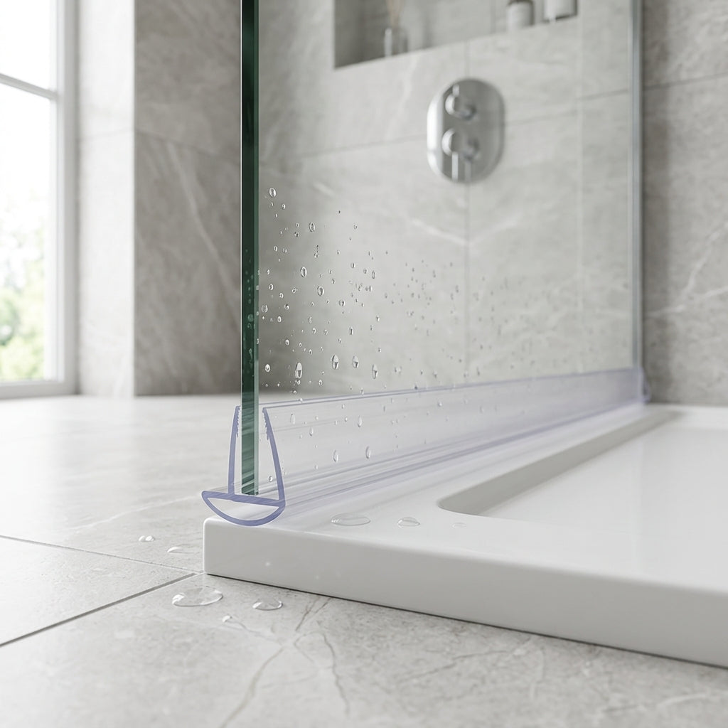 Shower screen seal installed on glass panel - Fits 3-4mm Glass - Length of 800mm, 900mm, 1400mm and 2000mm