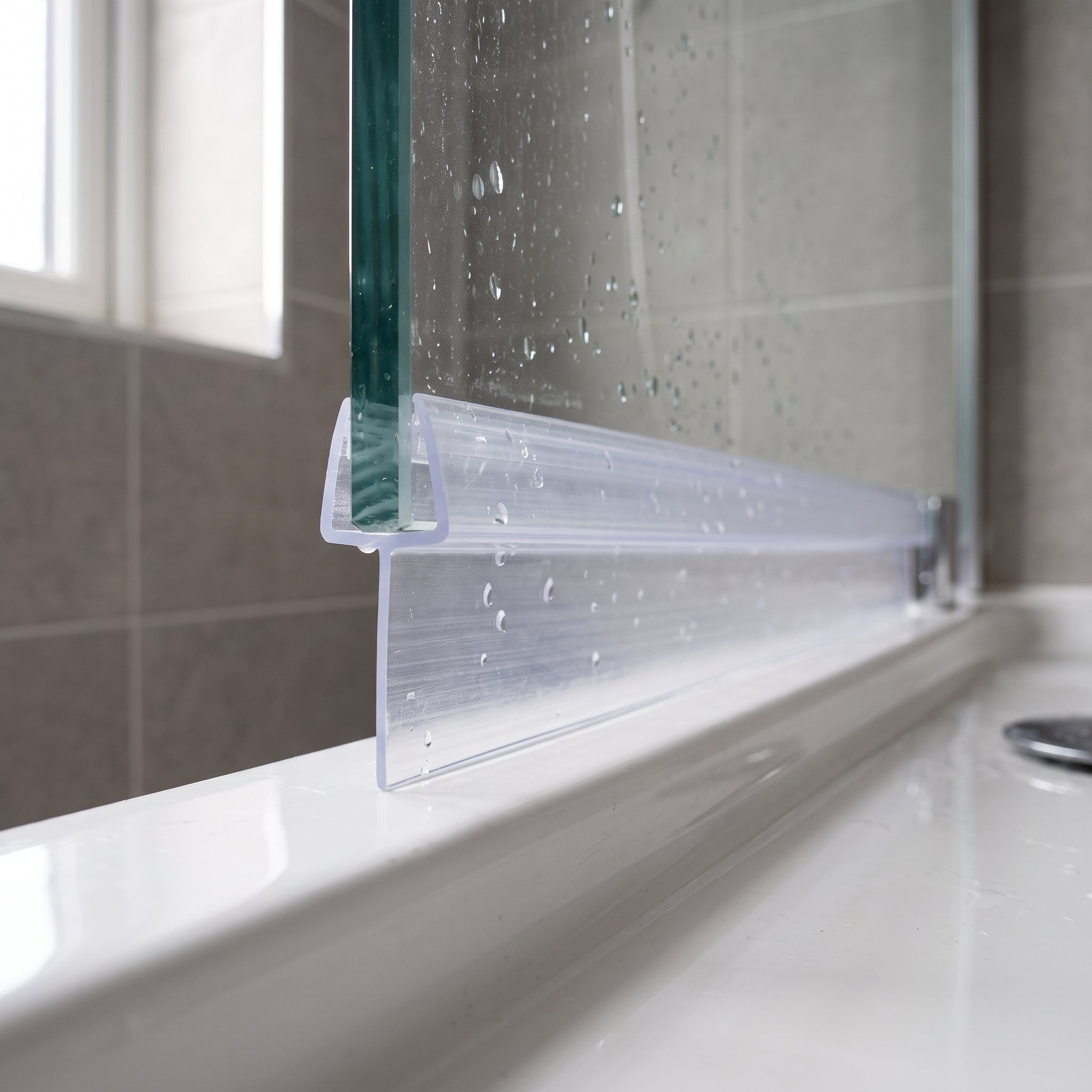 Tapered shower screen seal pushed onto the bottom edge of 4-6mm glass, clear fin tapering from 10mm to 5mm to close an out-of-level gap to the shower tray