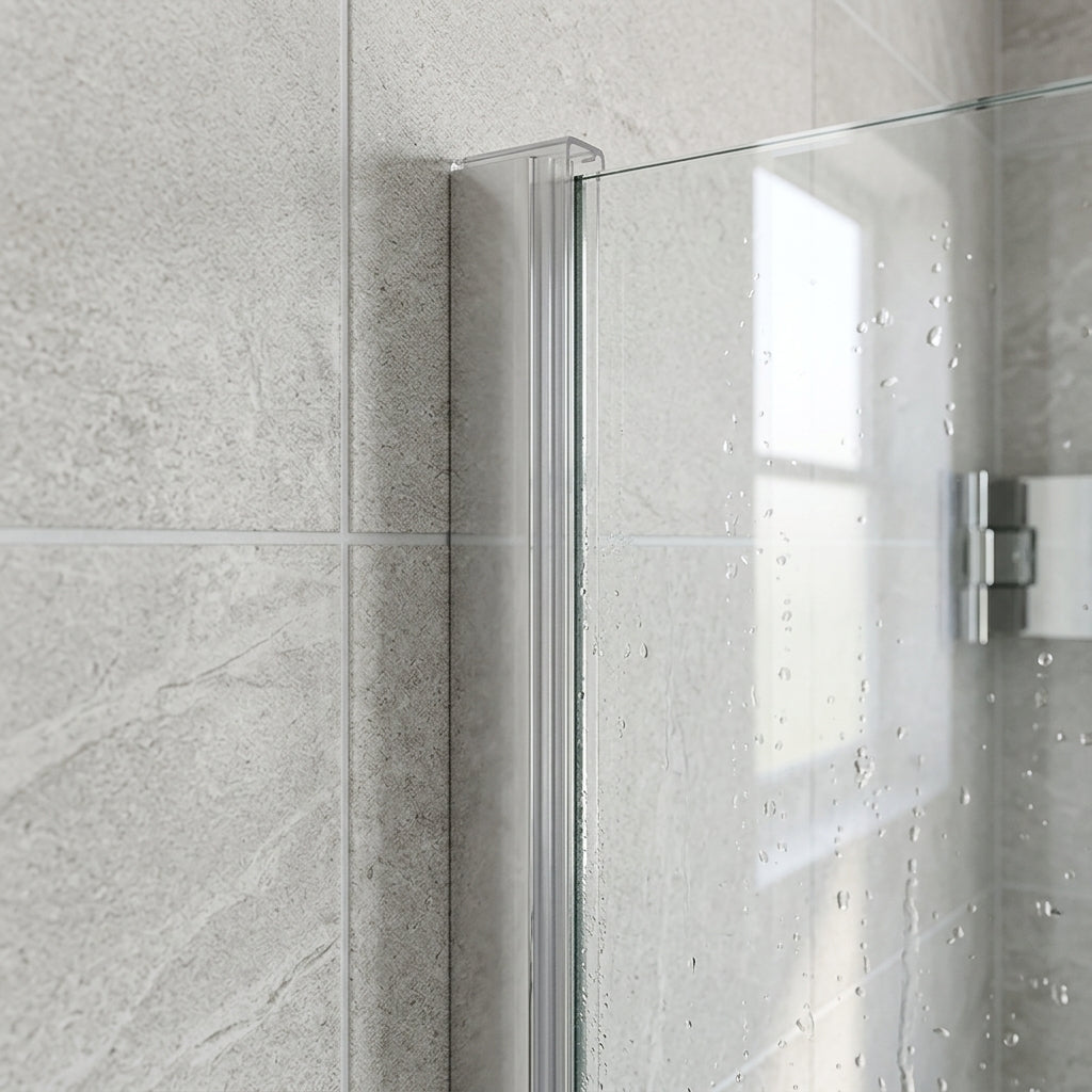Vertical shower screen seal installed on glass door edge - Tapered Shower Screen Seal - 4-6mm Glass - Fin 20mm to 5mm - 900mm