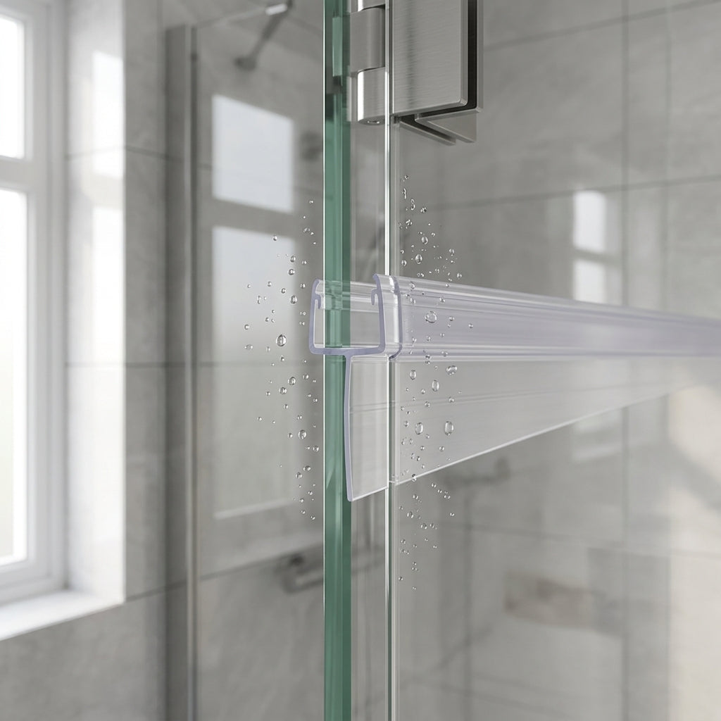 Vertical shower screen seal installed on glass door edge - Tapered Shower Screen Seal - 4-6mm Glass - Fin 25mm to 10mm - 900mm