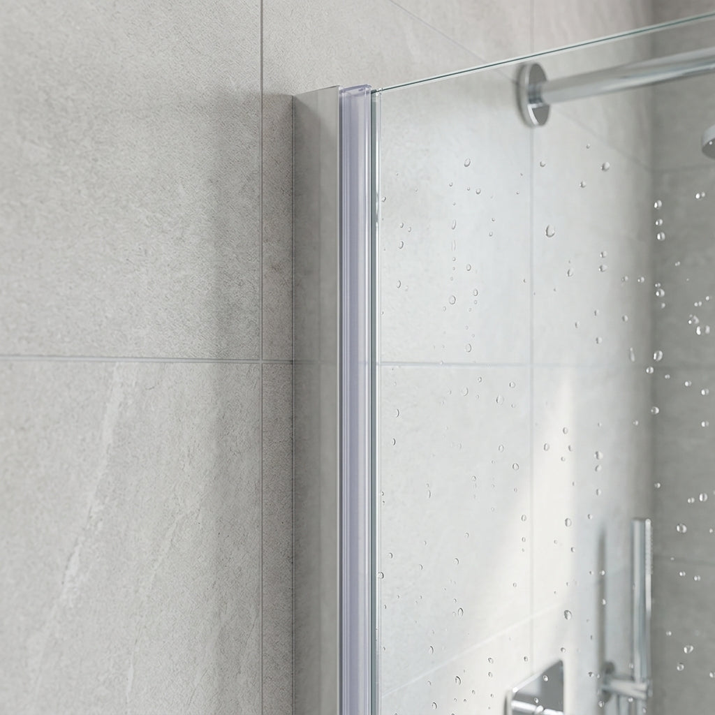 Vertical shower screen seal installed on glass door edge - Tapered Shower Screen Seal - 6-8mm Glass - Fin 10mm to 2mm - 900mm
