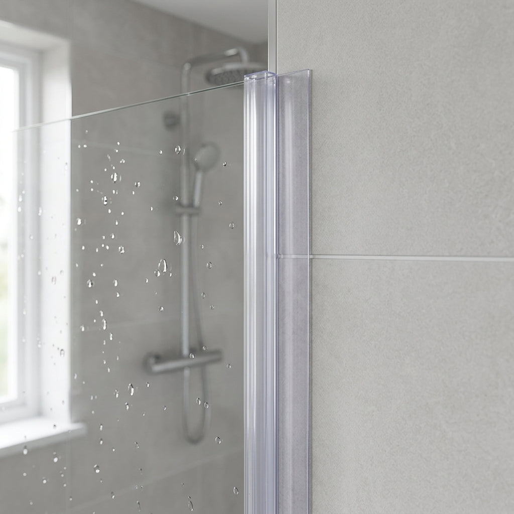 Vertical shower screen seal installed on glass door edge - Tapered Shower Screen Seal - 6-8mm Glass - Fin 15mm to 5mm - 900mm