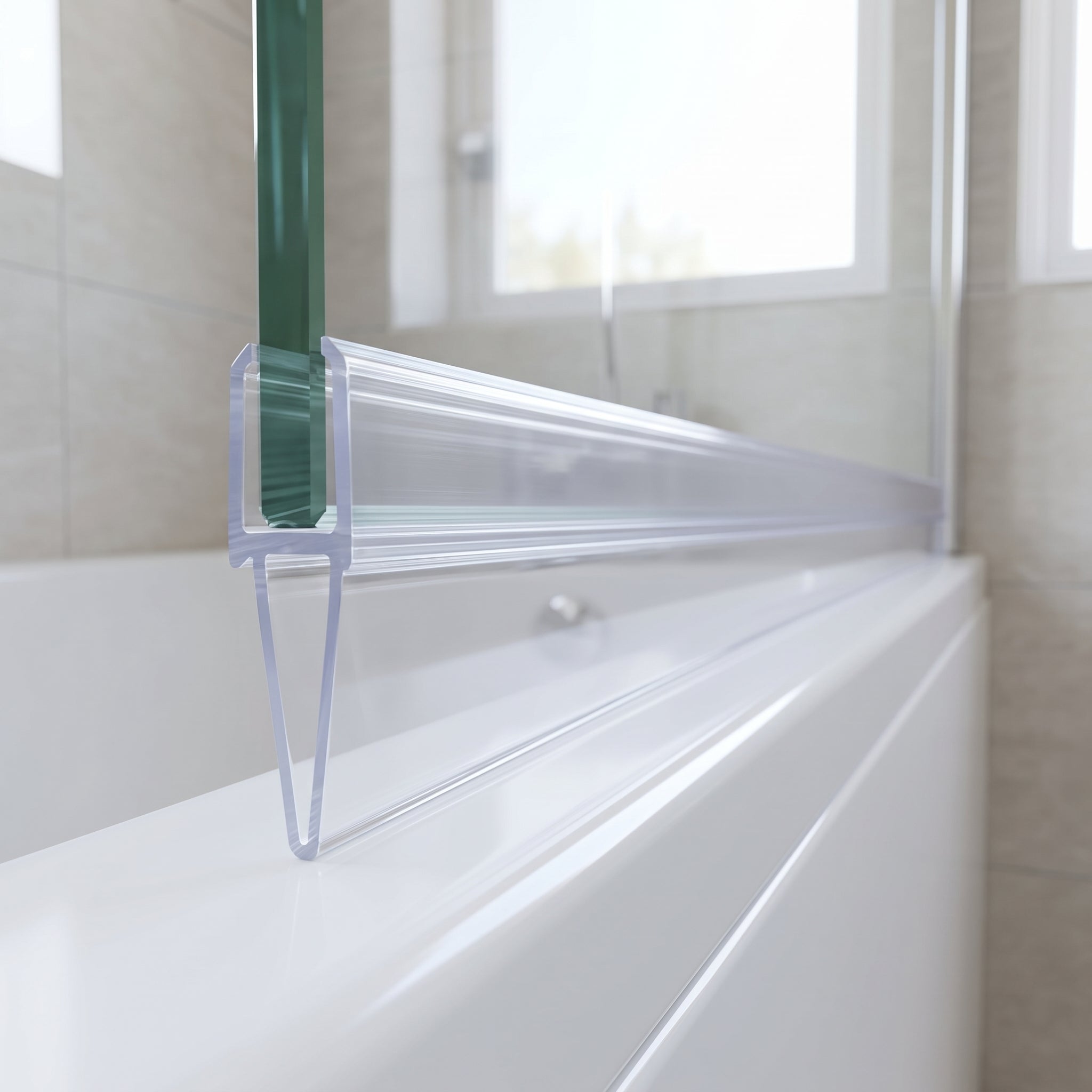 Clear tapered seal capping the bottom edge of 6-8mm glass, fin tapering from 15mm to 10mm along the bath screen