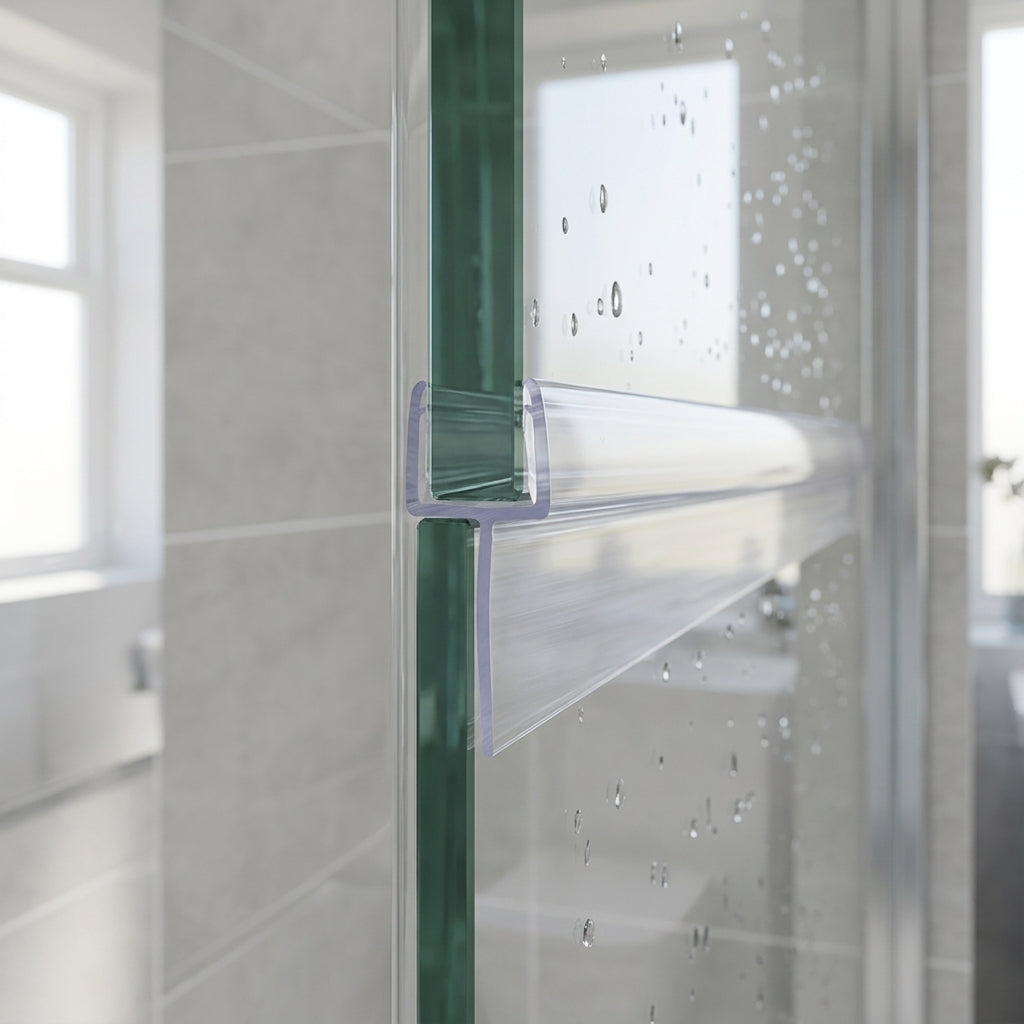 Vertical shower screen seal installed on glass door edge - Tapered Shower Screen Seal - 6-8mm Glass - Fin 15mm to 10mm - 900mm