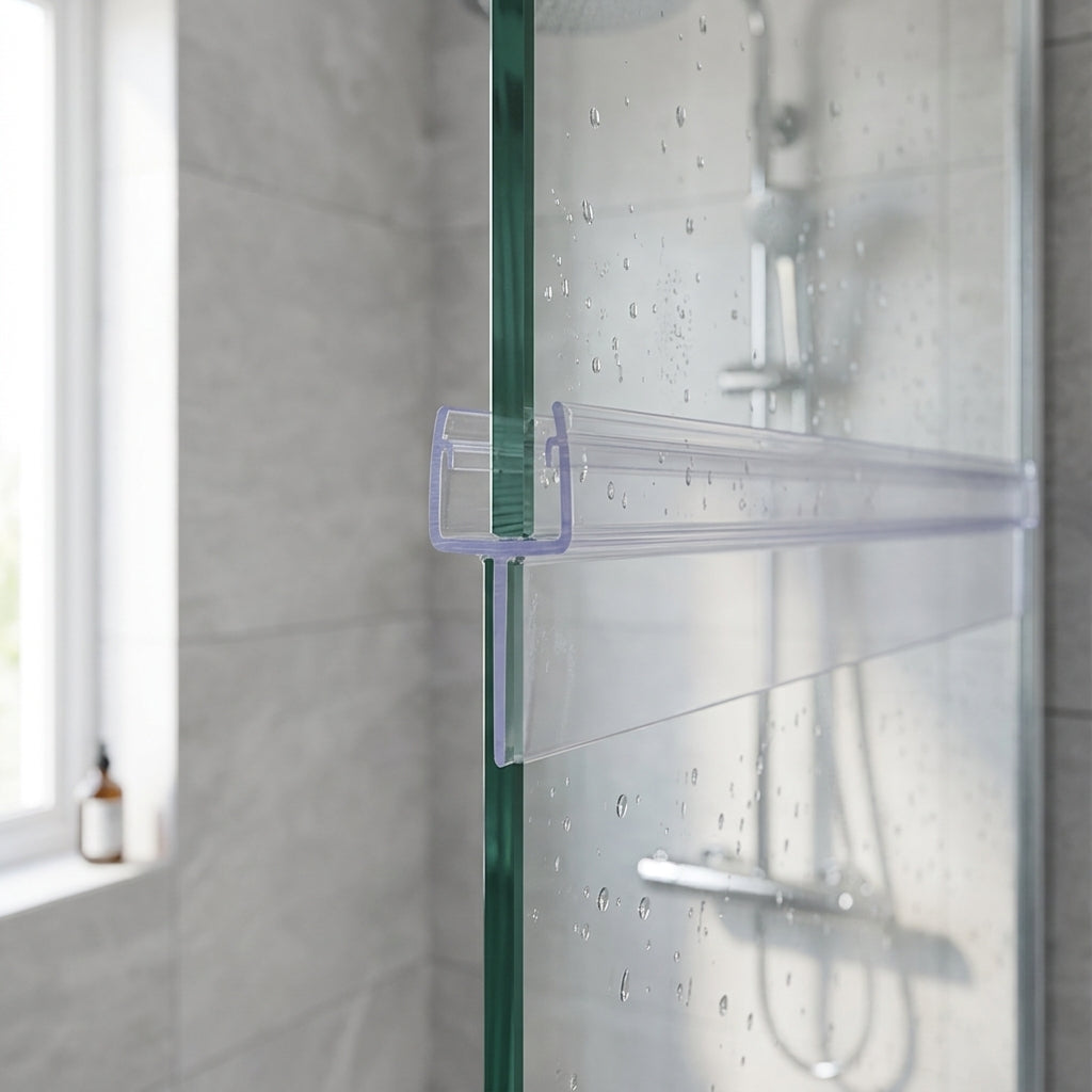 Vertical shower screen seal installed on glass door edge - Tapered Shower Screen Seal - 6-8mm Glass - Fin 20mm to 5mm - 900mm