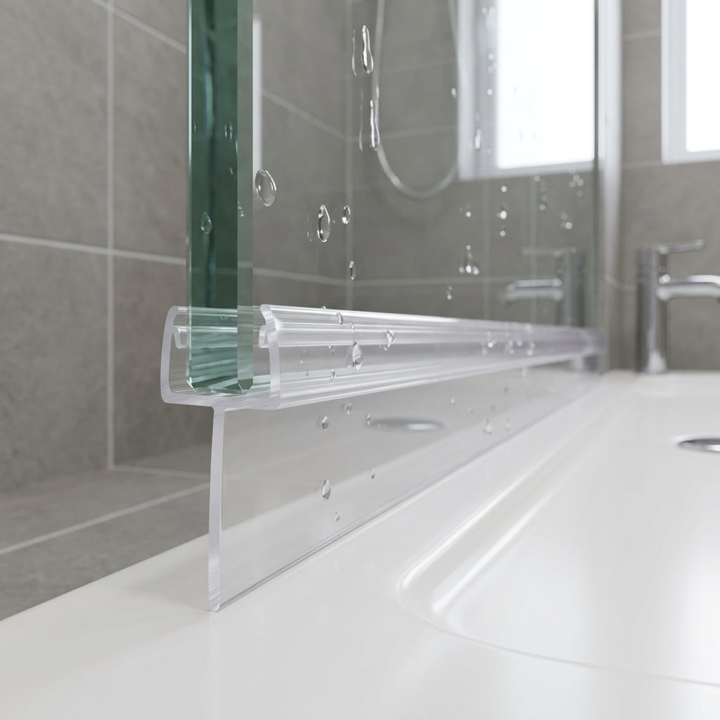 Tapered shower screen seal pushed onto the bottom edge of 6-8mm glass, clear fin tapering from 20mm to 10mm to close an out-of-level gap to the shower tray
