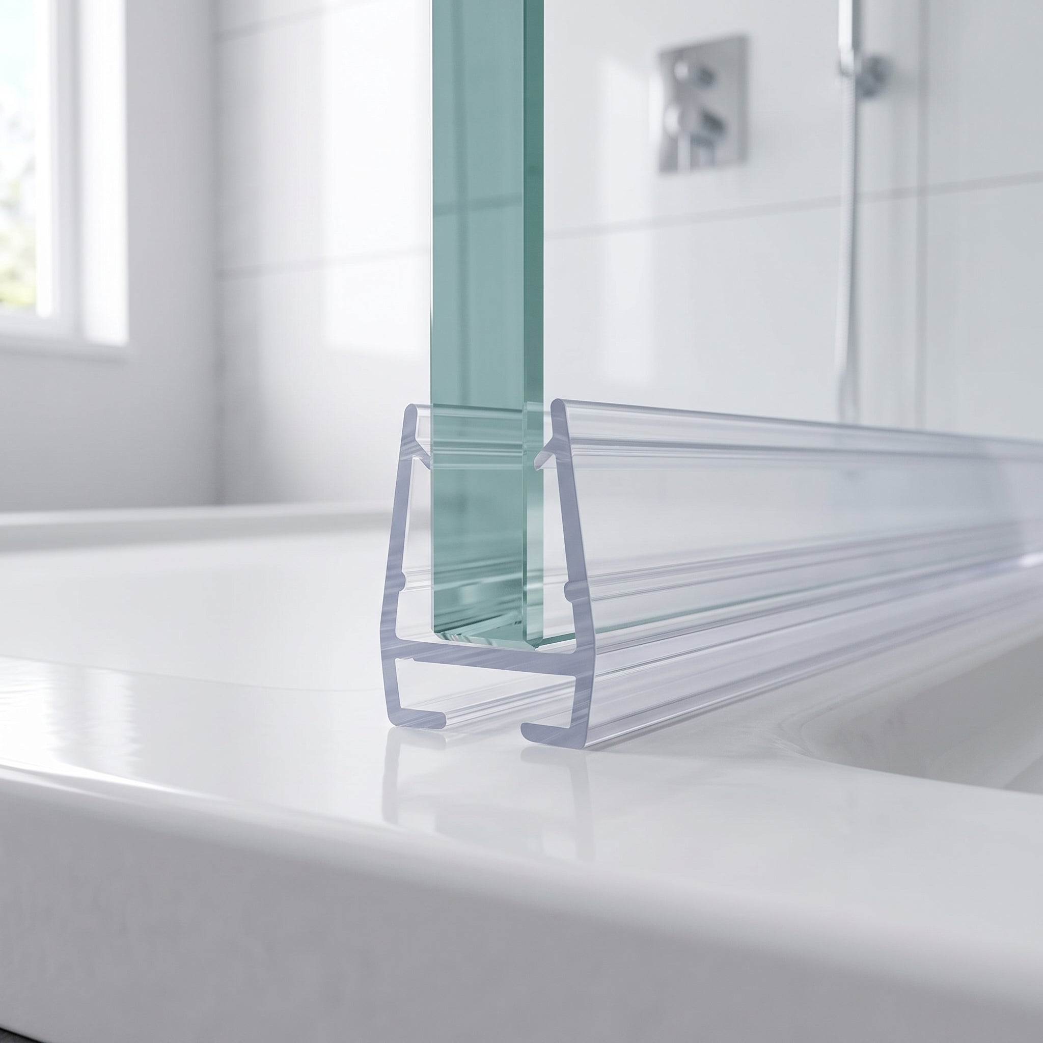 Clear SEAL303 carrier seal on 8-10mm glass resting flush on the tray for a zero-gap edge