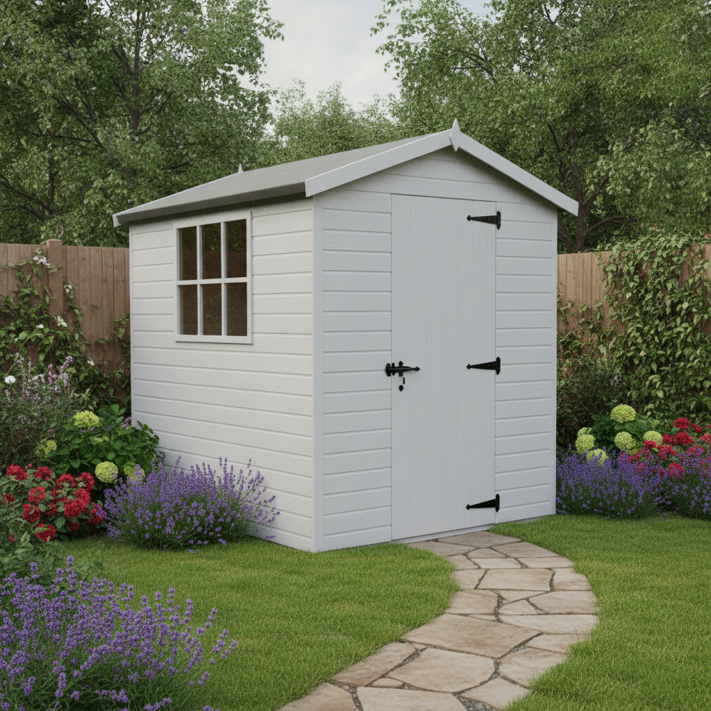 Light grey apex shed with black hinges and a glazed window, crazy-paving path through lavender beds