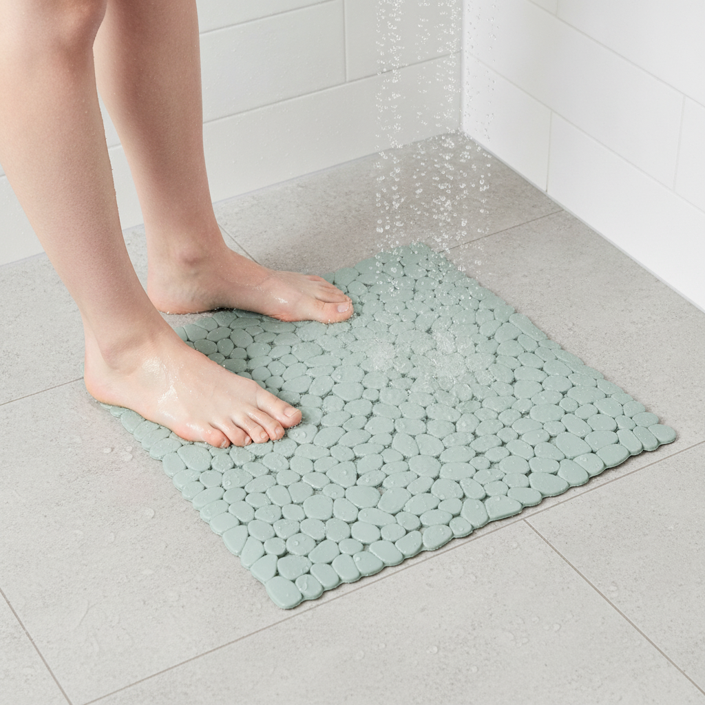 Sage green PVC pebble-textured shower mat on a shower floor, wet bare feet stepping onto it