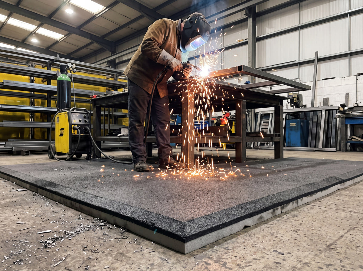 Charcoal heat-resistant rubber anti-fatigue mat in a welding bay with sparks falling onto it