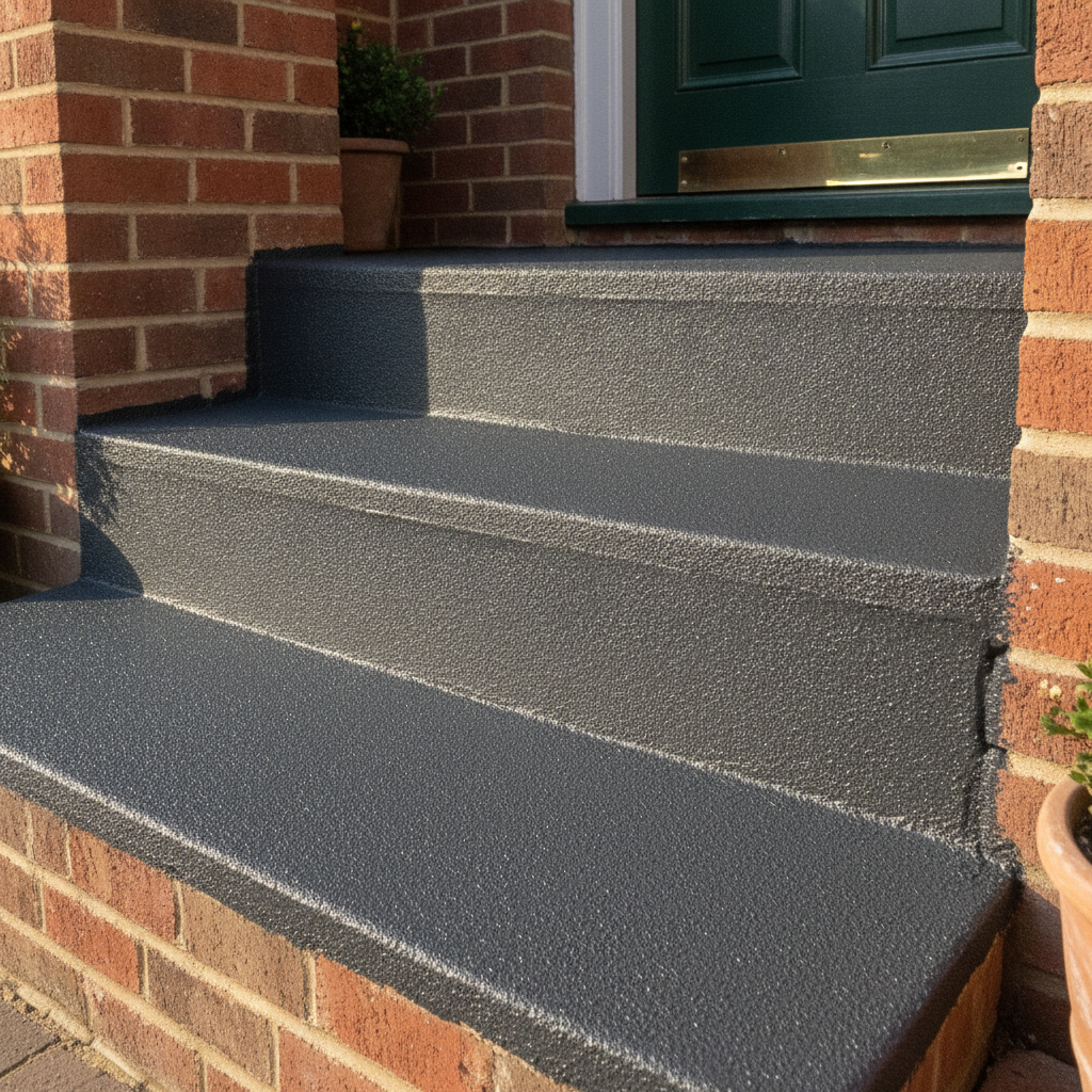 Charcoal FootGrip anti-slip step paint applied to concrete steps, a brick-built UK front doorstep with three steps