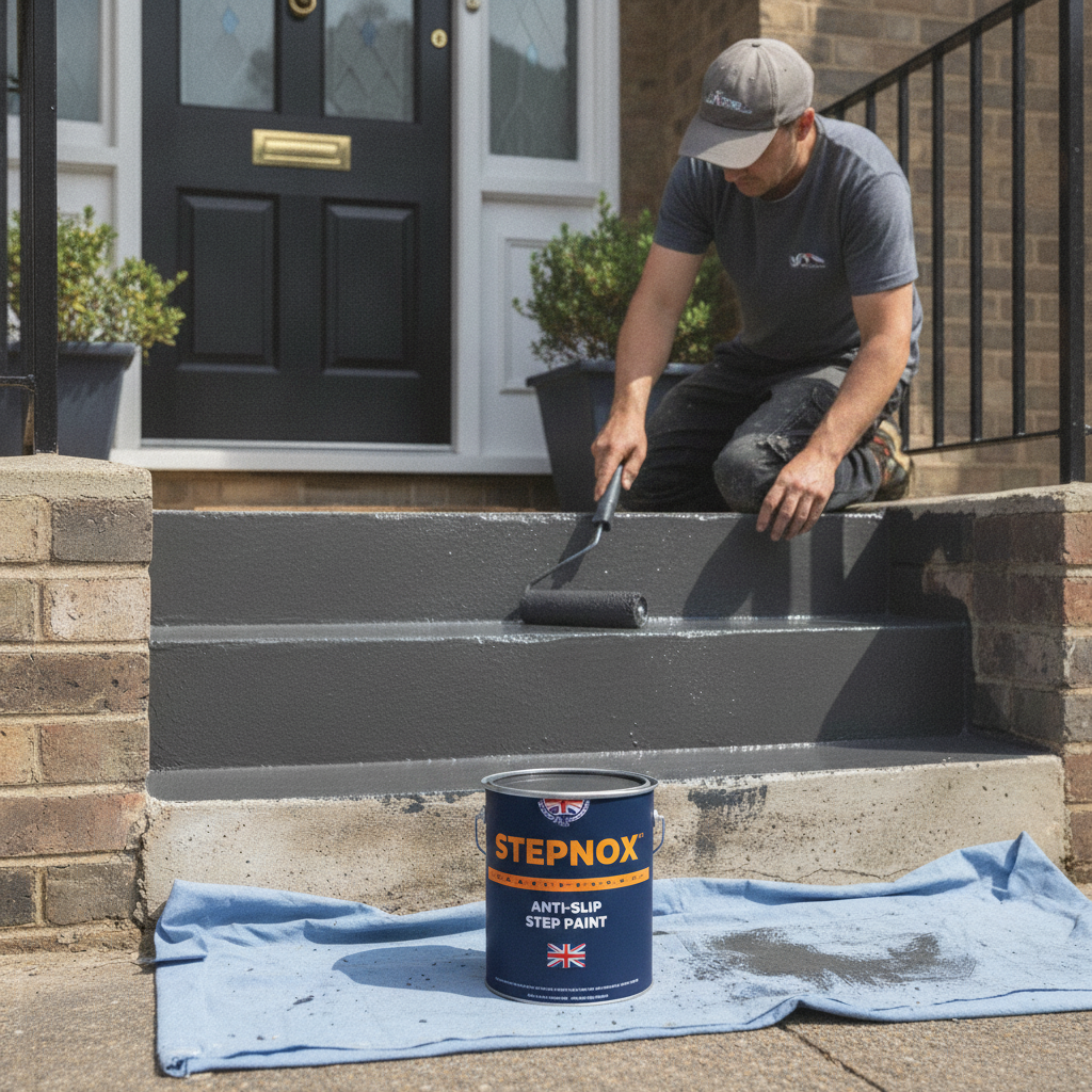 Tradesperson rolling Stepnox charcoal grey anti-slip step paint onto brick front door steps