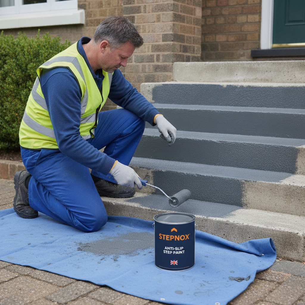 Workman in hi-vis applying Stepnox mid grey anti-slip step paint to concrete steps