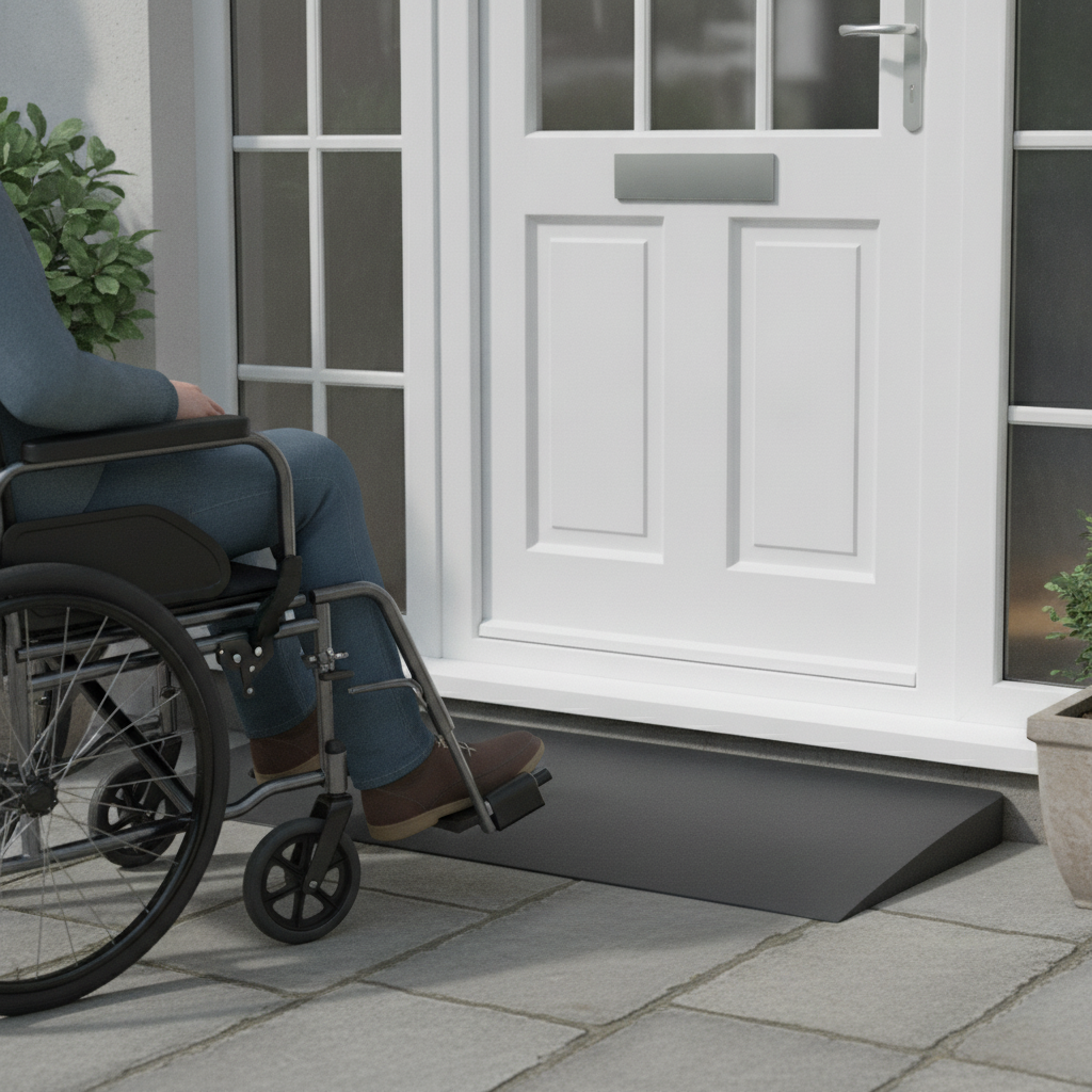 Black rubber threshold ramp in use at a UK front door with a wheelchair