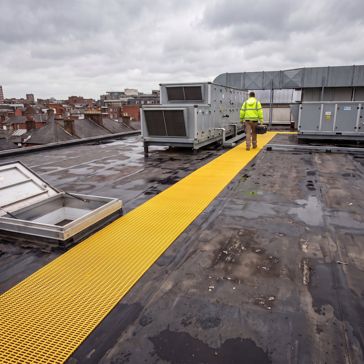 Yellow open-lattice walkway matting across a wet black EPDM roof towards rooftop plant, engineer in hi-vis walking it