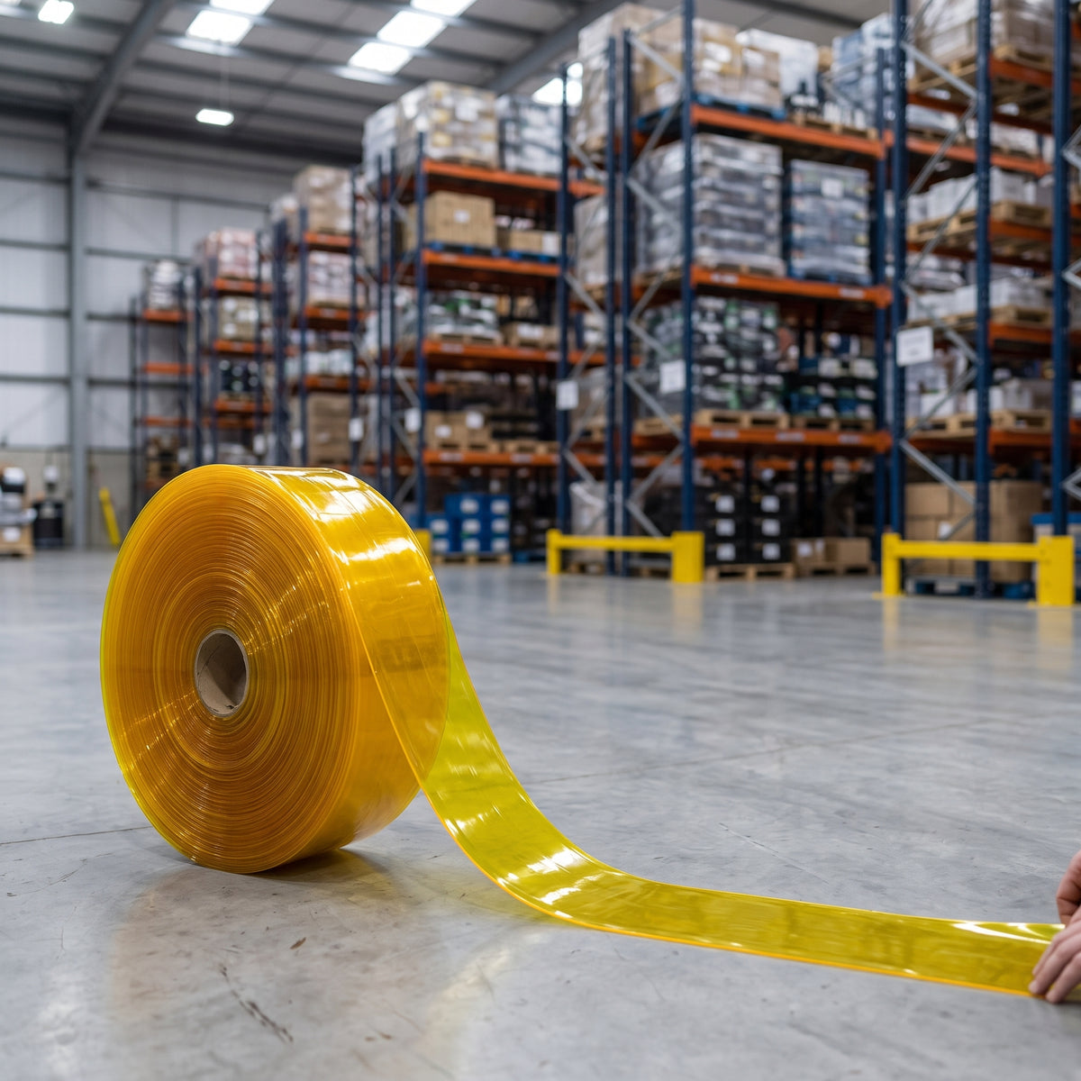 Roll of transparent yellow PVC strip curtain standing on end on a warehouse floor with the free end unrolled, pallet racking behind