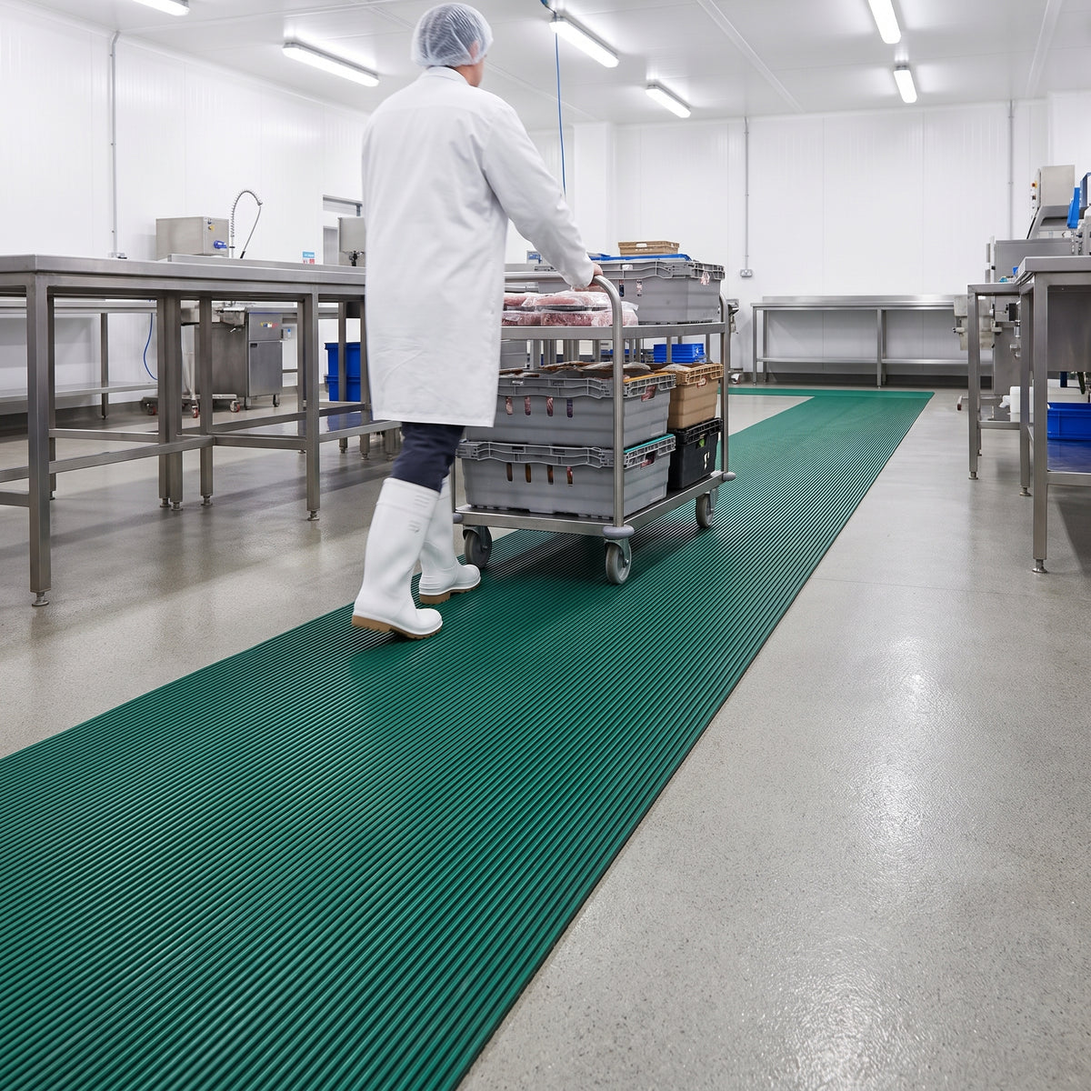 Green 14mm close-mesh PVC matting runner through a clean food production hall, an operative in white wheeling a stainless trolley of crates