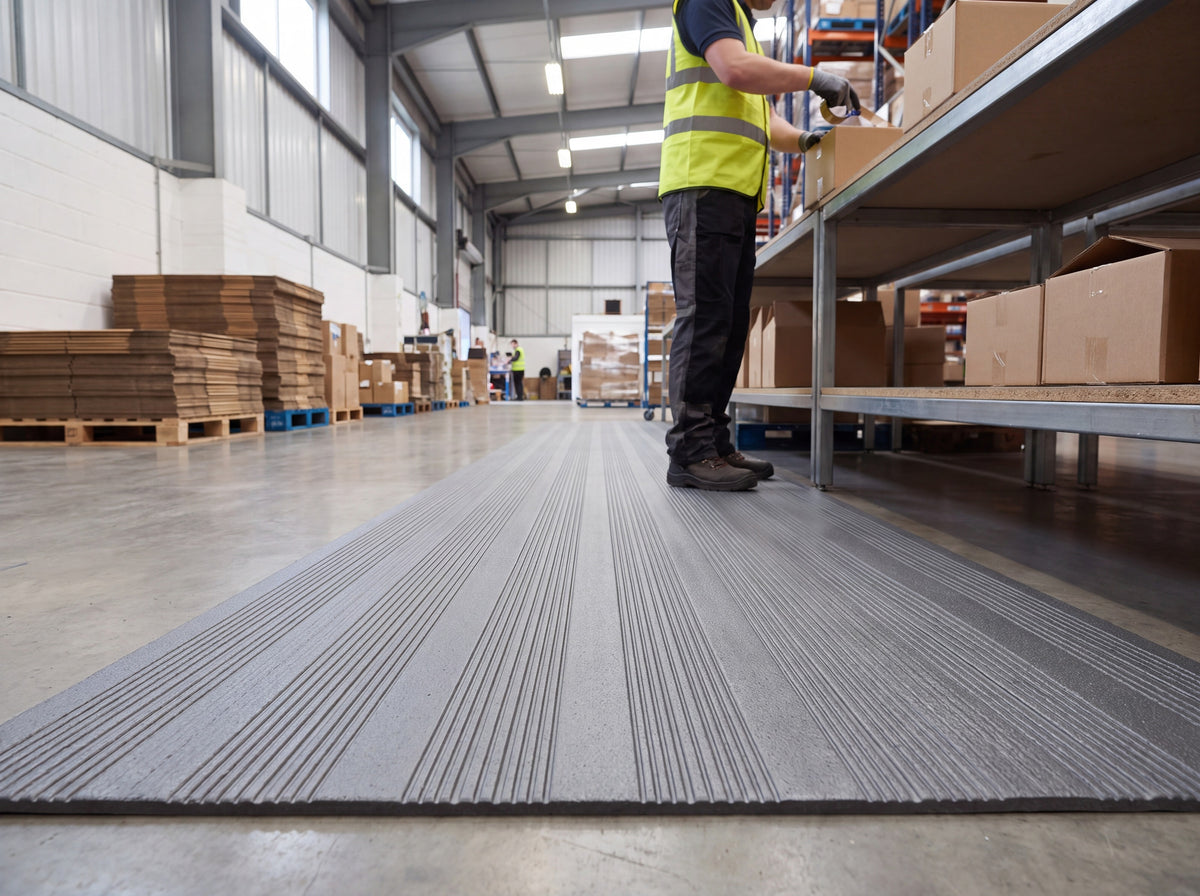 Grey ribbed PVC foam anti-fatigue matting laid along a packing bench in a warehouse despatch area