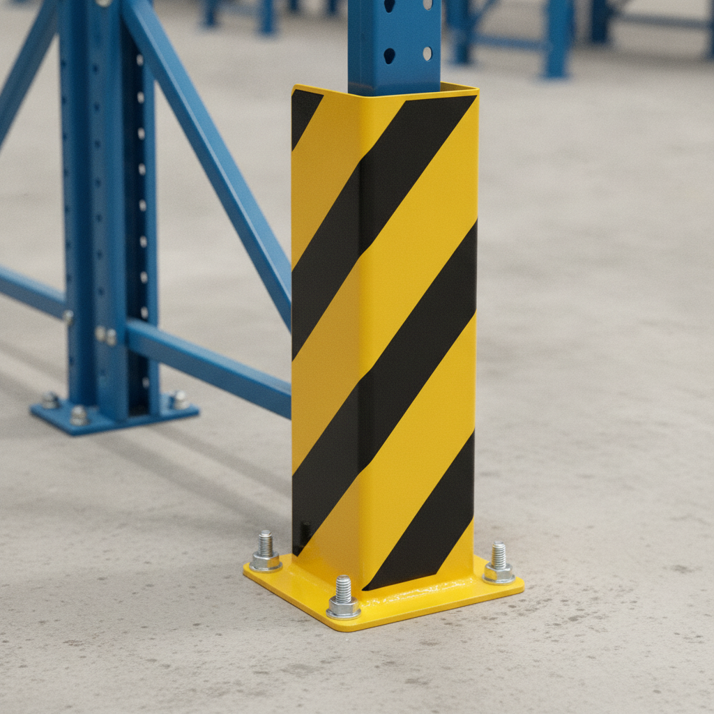 Close-up of a yellow powder-coated steel racking upright protector's black chevron stripes and floor-bolted base plate on a warehouse pallet racking upright