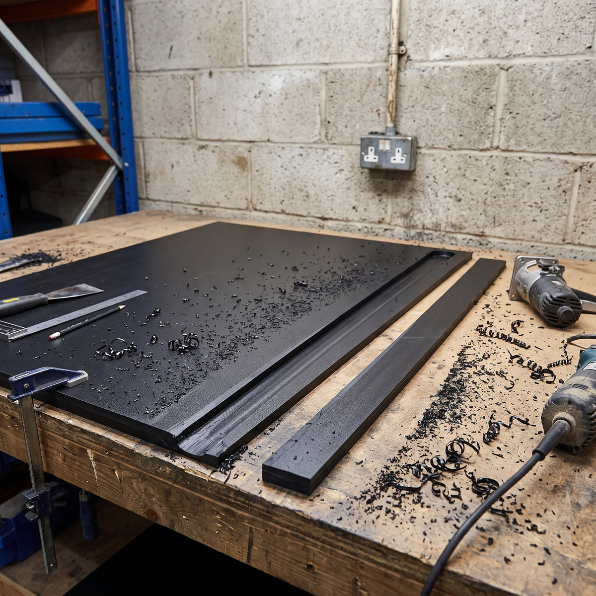 Black UHMWPE sheet on a fabrication bench with a routed wear strip cut from it, router and black swarf around