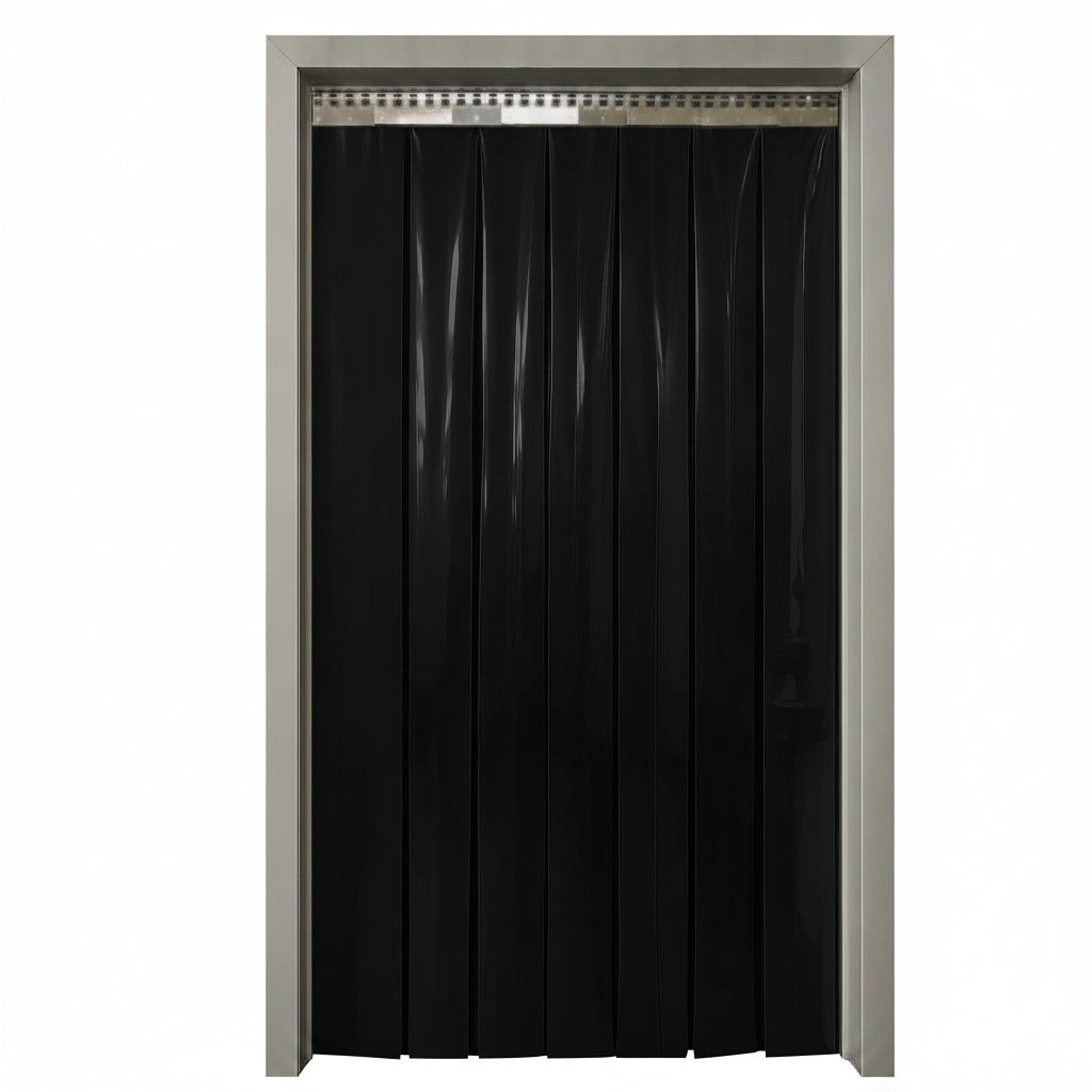 Solid black opaque PVC strip curtain kit on stainless steel hook-on rail 100% blackout