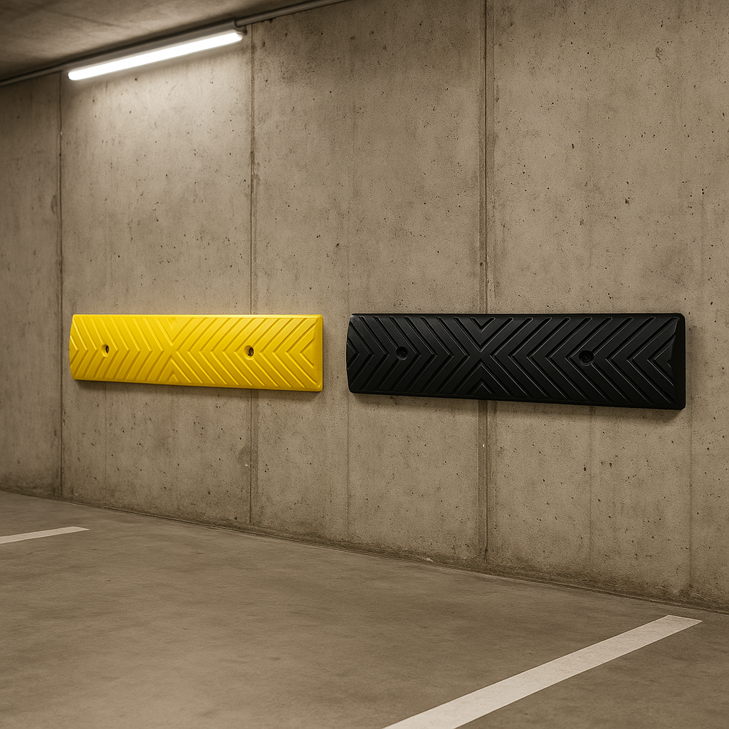 Yellow and black chevron wall guards mounted in UK car park - PU strips with herringbone ridges protecting wall at bumper height