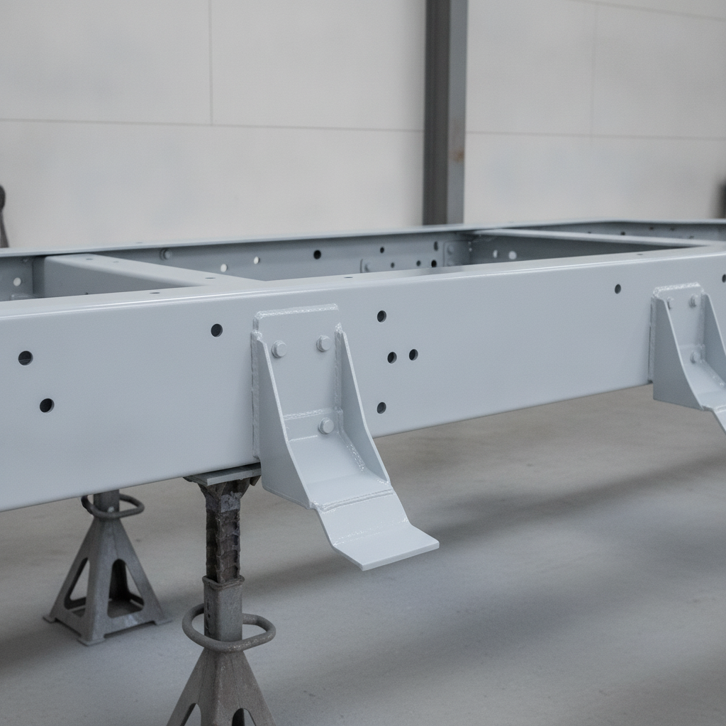 Vehicle chassis freshly painted light grey underbody protective coating in UK workshop