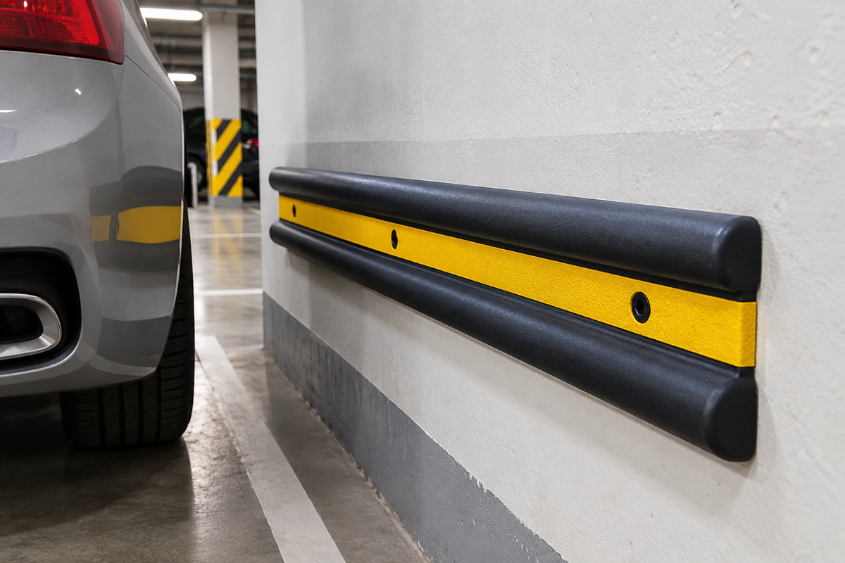 Black double-D rubber wall guard with yellow reflective strip fitted along a car park wall beside a parked car