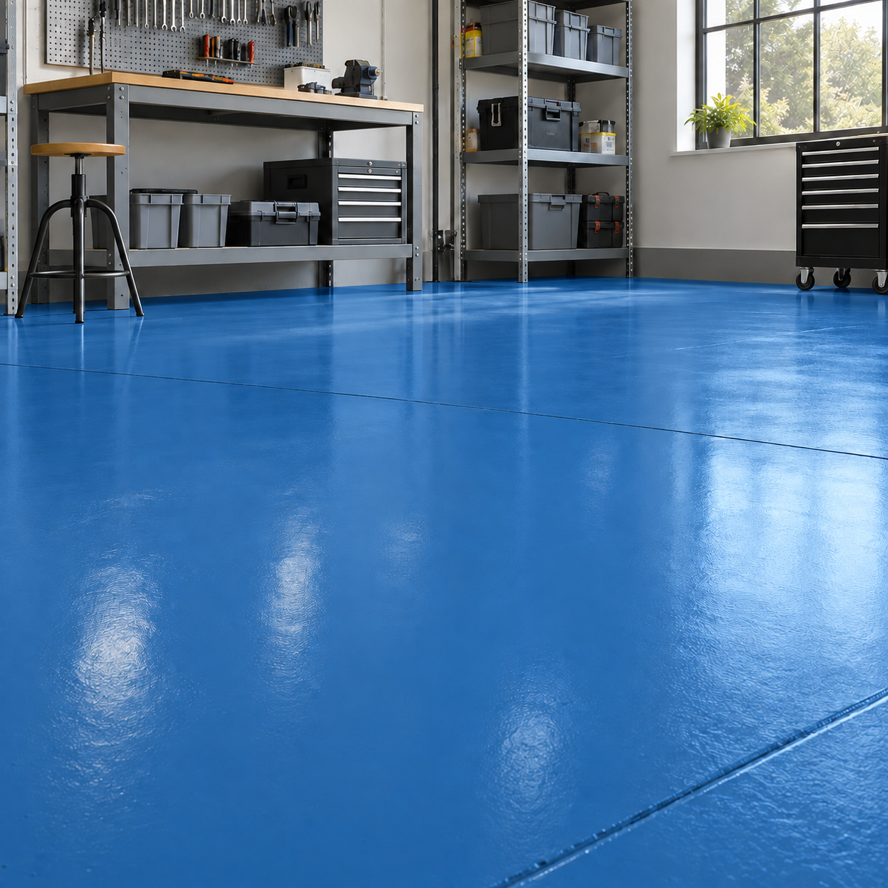 Mid Blue illustrative application: Water-Based Alkyd Floor Paint for Workshops & Concrete