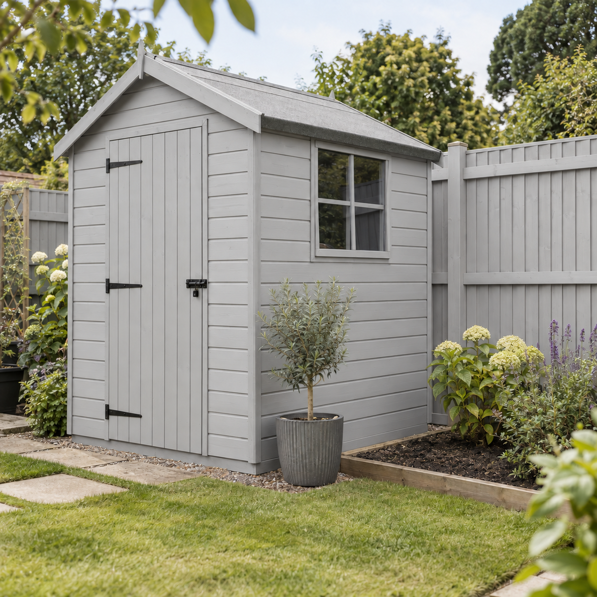 Light Grey illustrative application: Water-Based Shed & Fence Paint for Garden Timber