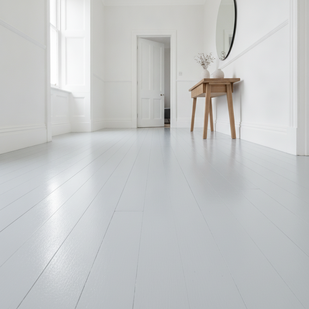 Light grey wood floor paint on floorboards in a bright UK hallway