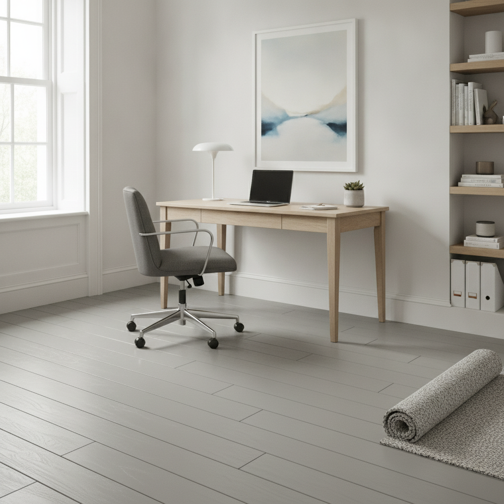 Mid grey wood floor paint on floorboards in a UK home office
