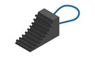 3D render of a black stepped rubber wheel chock with a blue rope handle, angled on white
