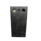 Black rubber dock bumper front-on, one bolt fitted in the top row of three holes and three more recessed below