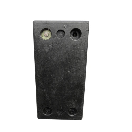 Black rubber dock bumper panel with two rows of three fixing holes, front-on view