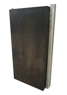 Black rubber dock bumper block viewed side-on with a galvanised steel edge strip
