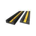 Two black rubber Double D wall guard lengths with yellow centre stripes and bolt holes, angled on white
