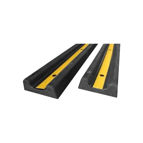 Two black rubber Double D wall guard lengths with yellow centre stripes and bolt holes, angled on white