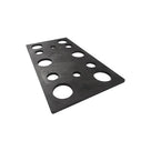 Black rubber mounting plate angled on white, three rows of large and small pre-drilled holes